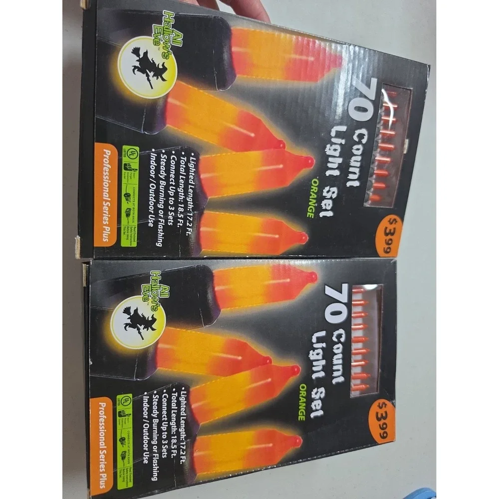 Set 2 All Hallow's Eve 70 Count Orange String Lights,Halloween Theme, Black Wire